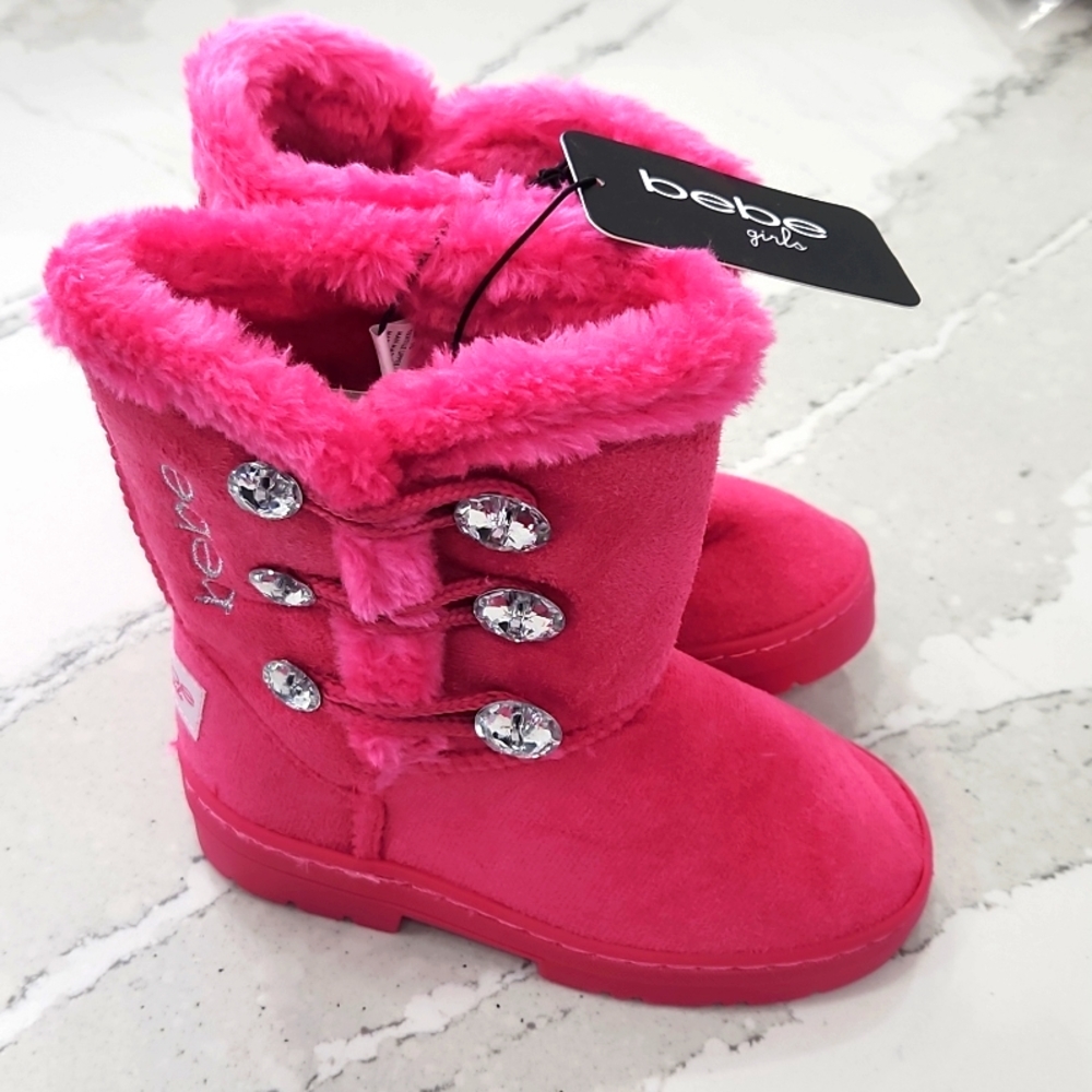 โจ BEBE Sparkle Queen Toddler Boots | Hot Pink Faux Fur & Rhinestone Glam โจ - Picture 2 of 6